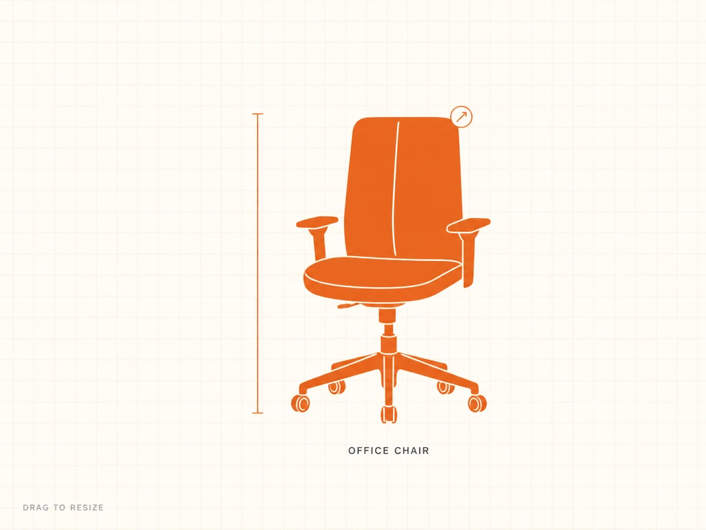 Orange office chair with a circular resize handle at its corner and an empty height measurement line beside it, labelled OFFICE CHAIR, with the hint DRAG TO RESIZE